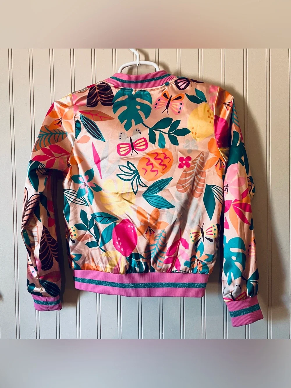 H&M girls colorful satin bomber jacket with butterflies and floral size 10